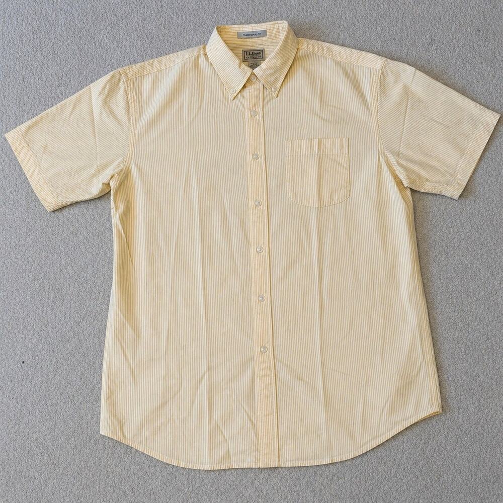 LL Bean Button Up Shirt Yellow Stripe Large Cotton Short Sleeve Mens Relaxed